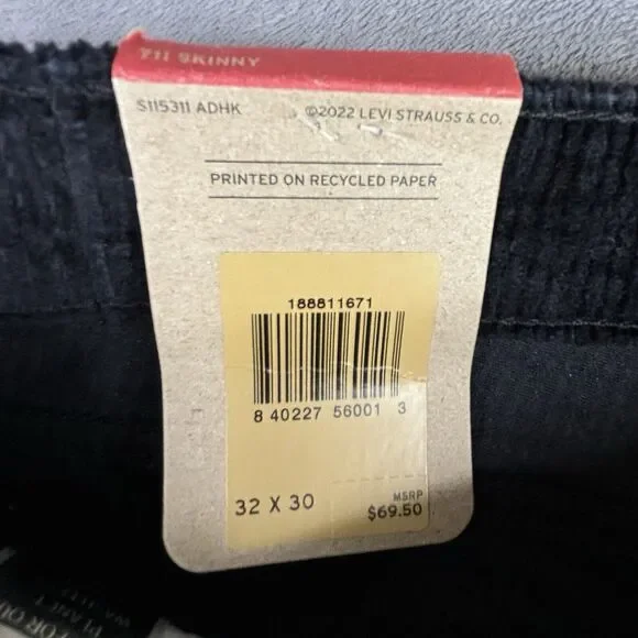 LEVI'S 711 Corduroy Pants Womens 32x30 Black Skinny New $69.50 - Picture 5 of 13